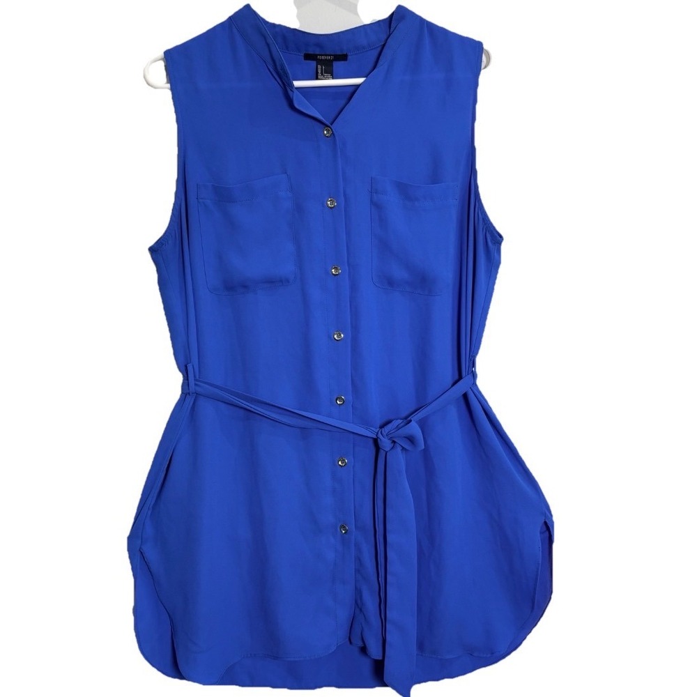 Forever 21 Tunic Top Women Large Blue Sleeveless Button Down Tie Waist
